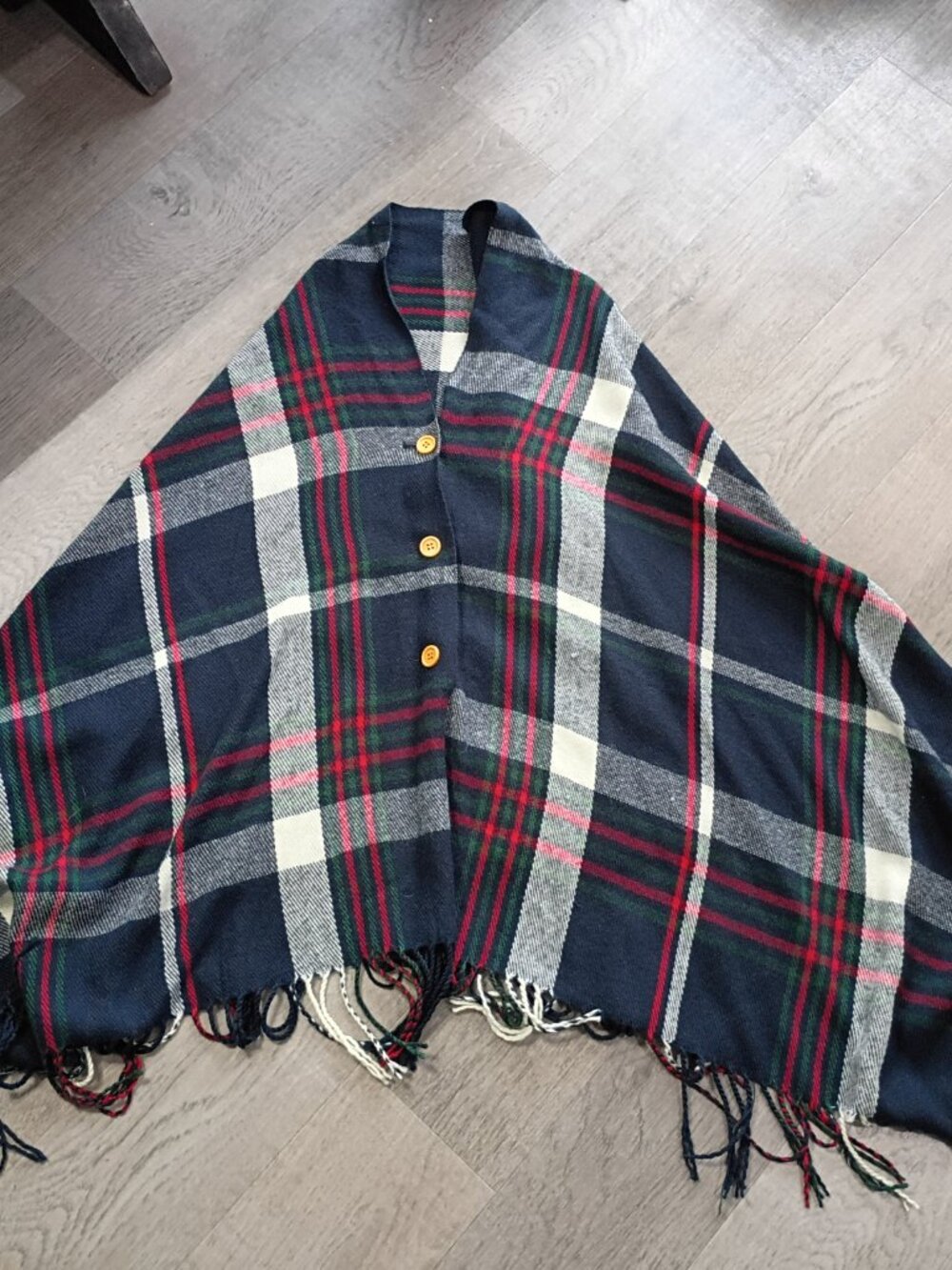 Plaid Convertible Button-Front Blanket Scarf Fringe Poncho Cape Wrap - One Size